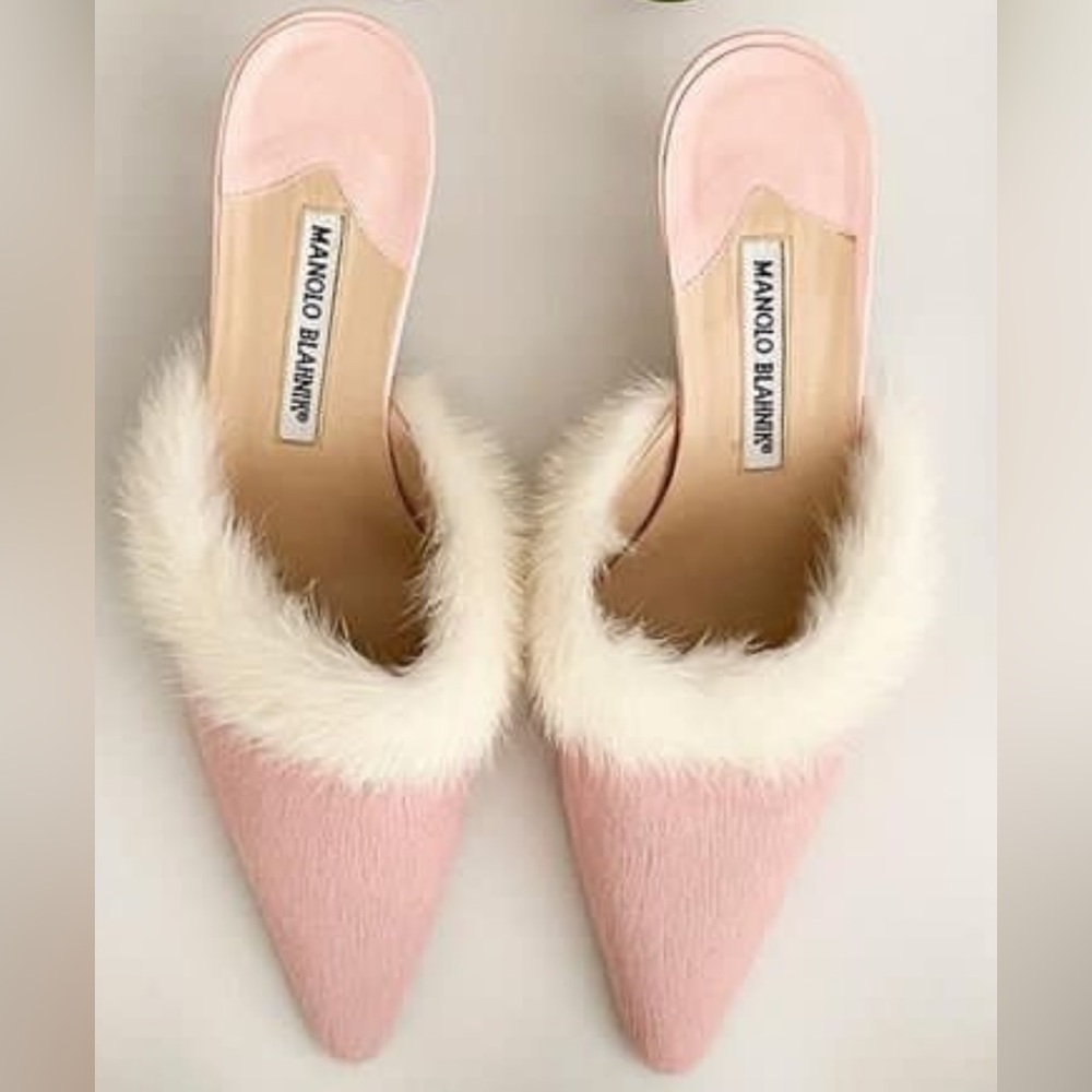 ISO pink fluffy pony hair manolo blahnik kitten heel mule (not for sale)